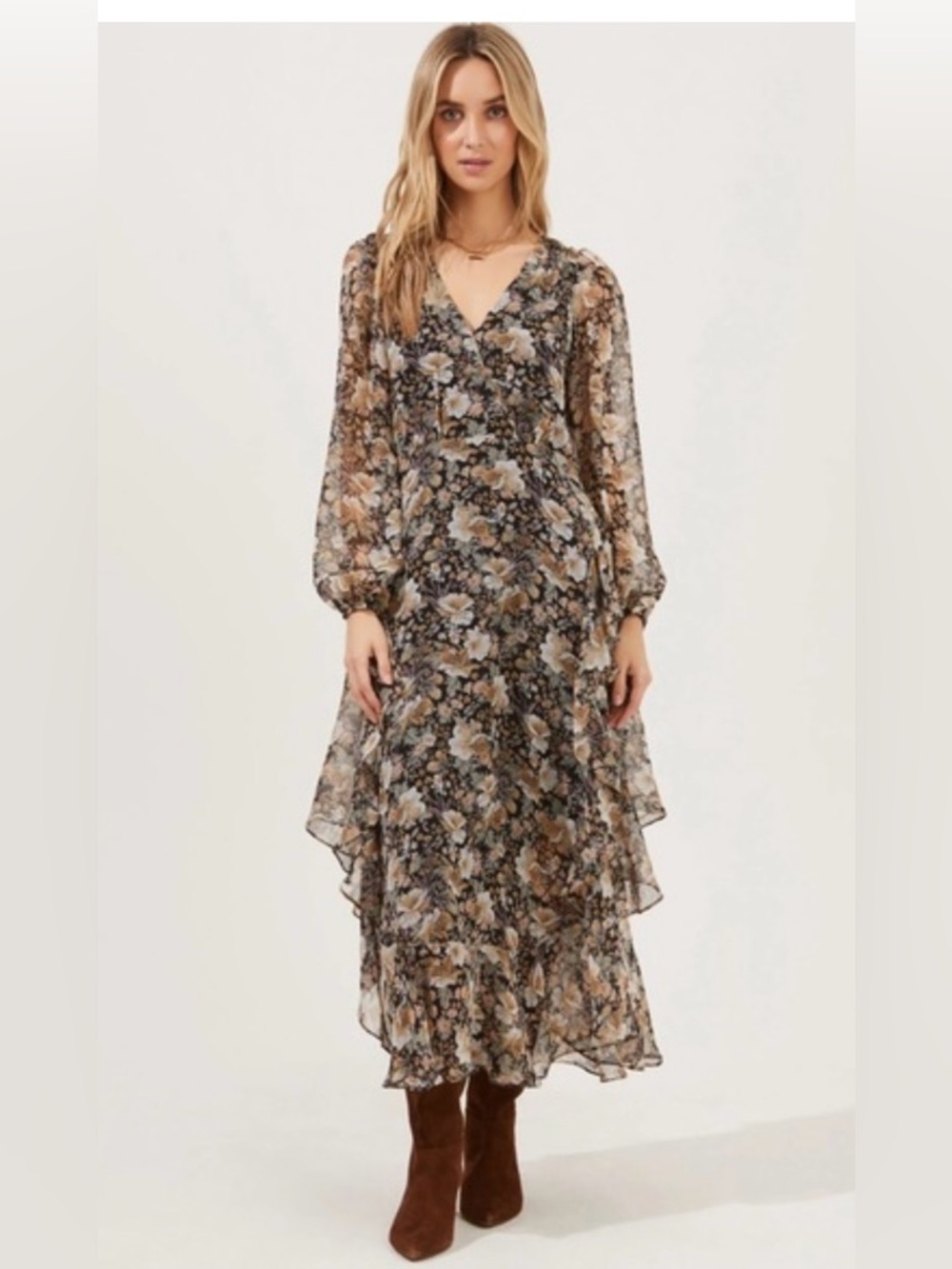Astr The Label Raleigh Black and Cream Floral Long Sleeve Dress